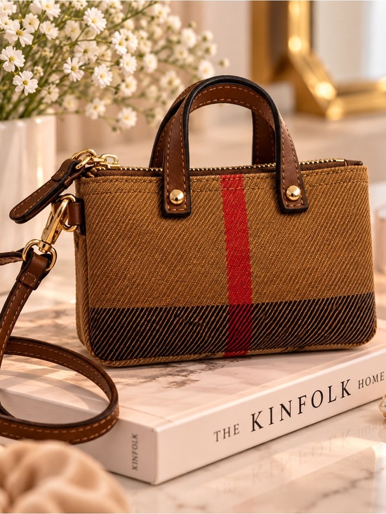 Handbags - Micro Brown Canvas Tote with Red Stripe and detachable strap